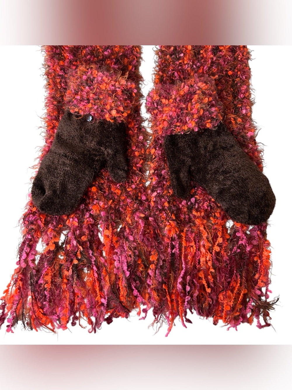 STEVE MADDEN Womens One Size OS Brown Orange Pink Boucle Knit Mittens Scarf Set.